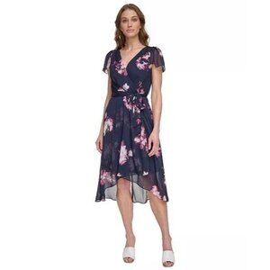 New DKNY Womens Size 8 Navy Floral Flutter-Sleeve Faux-Wrap Midi Dress $129